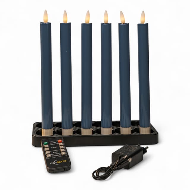 LED dinerkaarsen blauw 250 mm – set van 6, oplaadbaar, dimbaar en met afstandsbediening