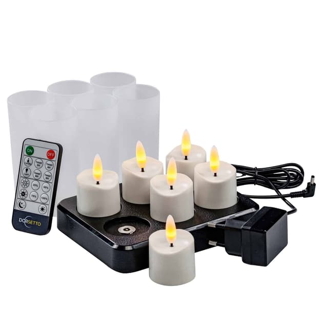 3D oplaadbare LED-thee/waxinelichtjes tot 400 uur ā met Afstandsbediening ā 6 stuks ā timerfunctie